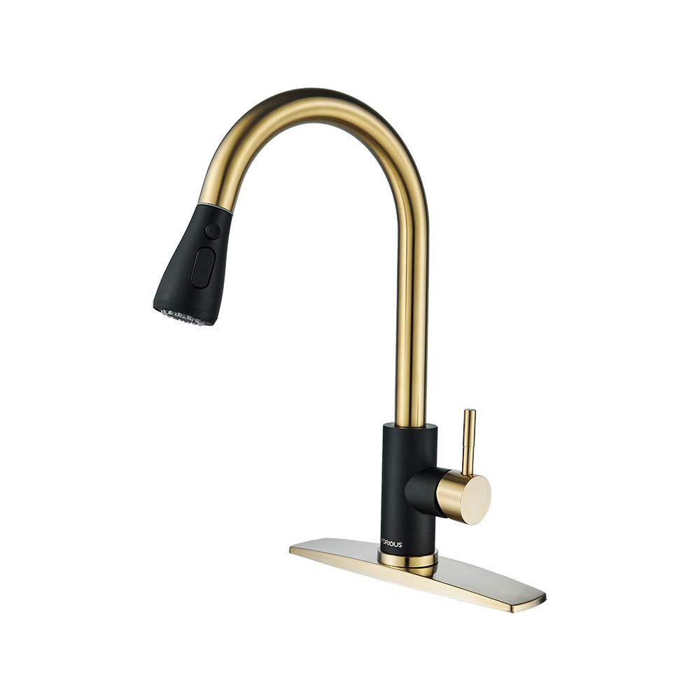 FORIOUSKitchen Faucet with Pull Down Sprayer, Kitchen Sink Faucet with Deck Plate, High Arc Single Handle Kitchen Faucets, Commercial Industrial Stainless Steel Faucet for Sink 3 Hole, Black Gold