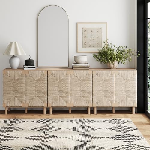 Image of Nathan James Beacon Boho TV Stand, Free Standing Kitchen Cabinet Storage with Adjustable Interior Shelf and Seagrass Accent, Seagrass /Raw Oak, Set of 3