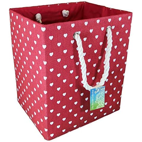 Medium 40 Litre Foldable Woven Paper basket Spots. Lined soft containers. Eco friendly storage solution. TIDY UP YOUR HOME Great for clothes, toys, shoes, washing in bedroom and bathroom (Red Hearts) Cover