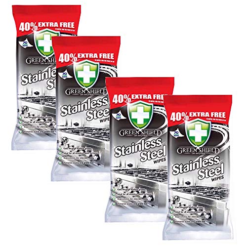 Green Shield - Toallitas de acero inoxidable, 4 paquetes de 70 = 280 toallitas cortan grasa de cocina, eliminando manchas para aparatos de cocina