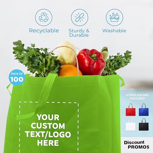 DISCOUNT PROMOS Custom Jumbo Sized Tote Bags Set of 100, Personalized Bulk Pack - Reusable Grocery Bags, Shopping Bags, Promotional Item Totes for Women - Lime Green2