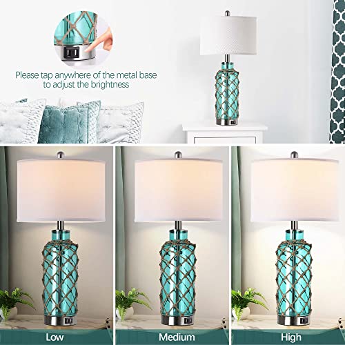 Cottage Nautical Accent Table Lamp Set Of 2, Touch Control Coastal Blue Green Glass Rope Net Bedside Lamp With 2 Usb Ports, 3-Way Dimmable Nightstand Lamps With White Shade For Living Room, Bedroom #TOP2