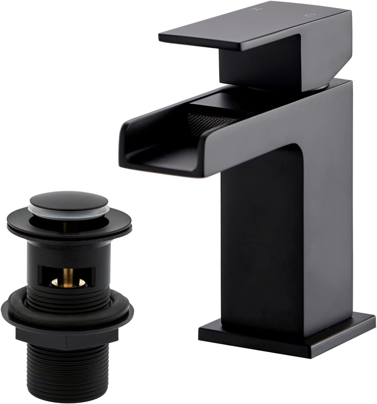 Matte Black Waterfall Square Basin Taps with Pop Up Waste, BATHWEST