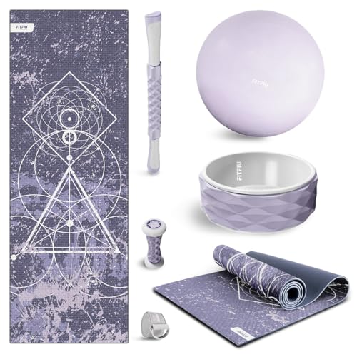 FITFIU Fitness KITWELL-600 Pack de 6 accesorios Yoga Pilates Color Lila con Esterilla, Pelota, Rueda, Correa y 2 Masajeadores Incluye Guía de Ejercicios Wellness