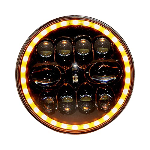 Image of Miwings 7 inch Round LED Stylish 8COB2EYE Hi /Low Beam Headlight 75W H4 Compatible with Royal Enfield, Jeep, Thar, motorcycle, Cars, Harley Davidson (Color Amber & White) (Pack of 1)
