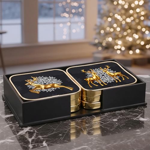Image of Goelite Stylist Modern Wooden Coasters with Golden Border, Set of 6 with Stand, Handmade for Tea Cups, Coffee Mugs, Beer Mugs, 10 x 10 cm (Deer Pattern)