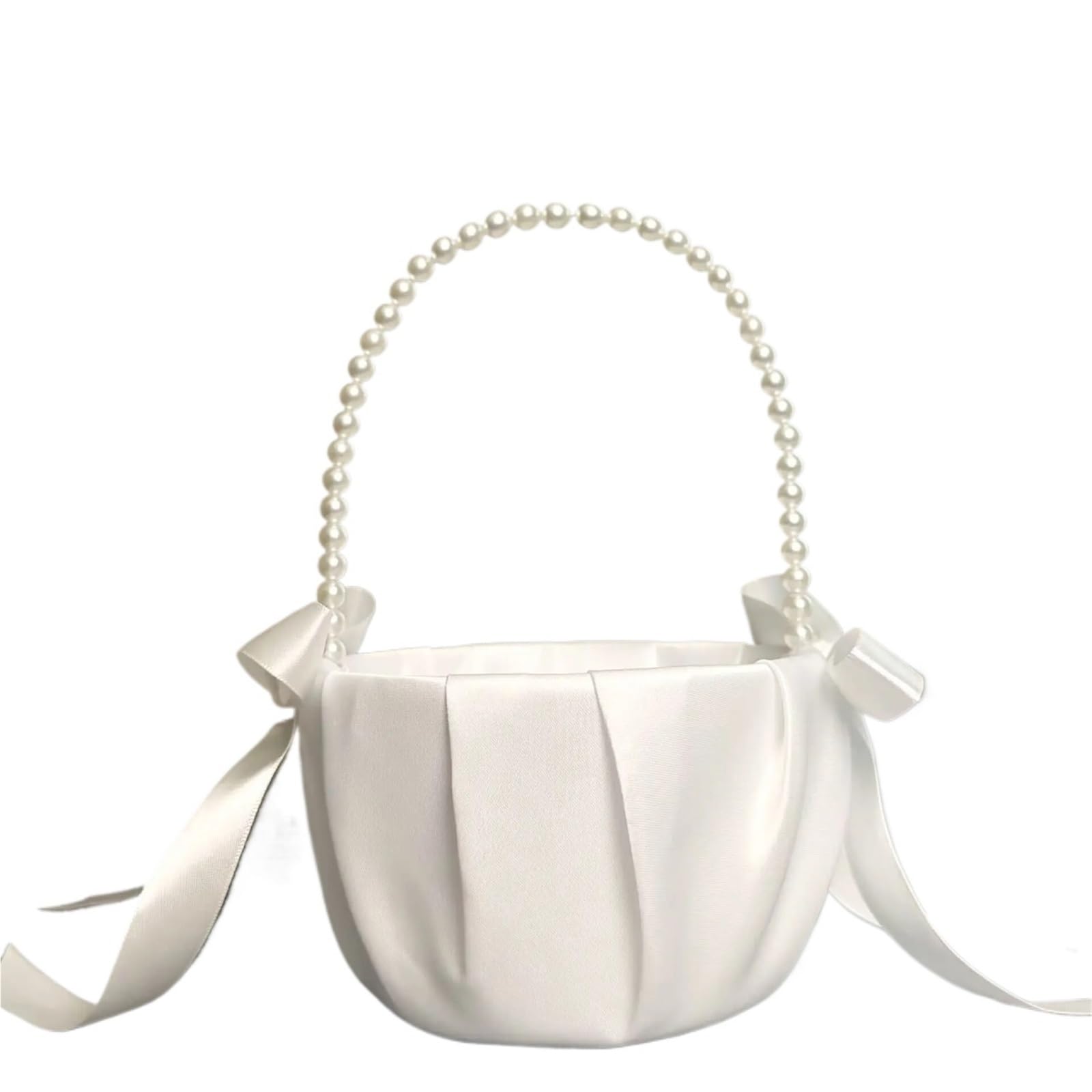 Flower Girl Bow Basket White Satin Pearl
