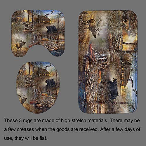 Jayden&Madge 4Pcs/Set Rustic Deer Bear Cabin Fabric Shower Curtain, Fall Tree Forest Animal Wild Duck Tranquil Lake Natural Scenery Farmhouse Lodge Bathroom Decor, Non-Slip Bath Rugs Toilet Mat, Boat #TOP3