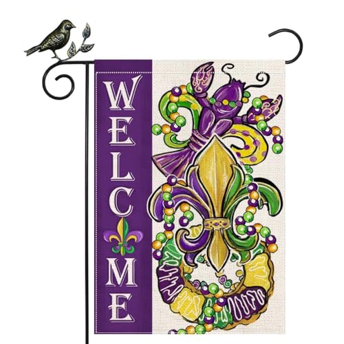 GEEORY Mardi Gras Garden Flag 12.5 x 18 Inch Fleur de Lis Beads Masquerade Mask Carnival Celebration Double Sided Decorative Flag For Outside Yard Lawn Outdoor Decoration GB016-12