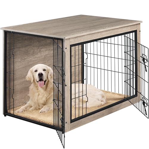 Yaheetech Gabbia per Cani Kennel Tavolino Armadietto con Doppie Porte Gatti a Rete in Legno da Interno (Grigio, 96 x 65 x 67,5 cm)