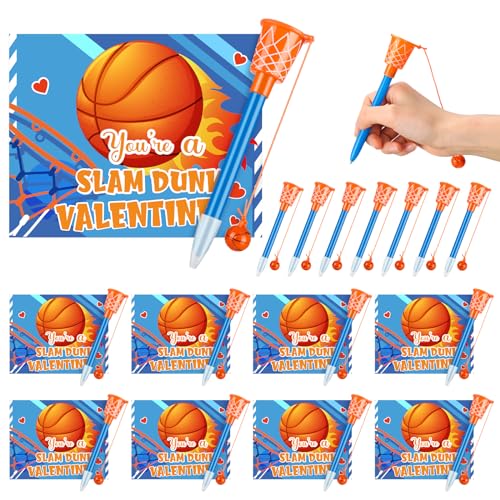 Skyygemm 30 Set Valentine's Day Basketball Hoop Pens with Gift Card for Kid Valentine's Day Classroom Exchange Gift School Sports Basketball Novelty Ballpoint for School Sports Party Favor