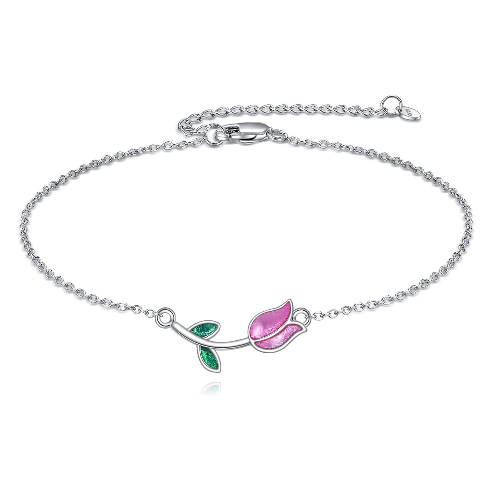 URONE Bracciale da donna con tulipani in argento Sterling 925 con fiori di tulipani rosa, per gioielli da donna