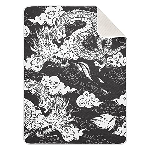Image of Black Japanese Dragon Cotton Baby Blanket 30" x 40" Warm Soft Breathable Muslin Swaddle Blankets for Toddler Boys Girls Nursery Receiving Wraps