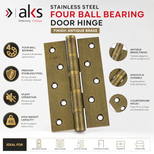 Image of AKS Stainless Steel Four Ball Bearing Hinges for Main Door, Office, Home & Bathroom Doors 6 Inch Length 3 Inch Width 3mm Thickness Hinges | 5 Years Warranty (Pack of 10, Antique Brass)