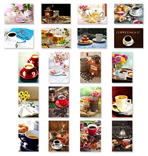 COFFEE, TEA & CAKES postcard set of 20. Post card variety pack with coffee and tea drinking theme postcards. Made in USA.