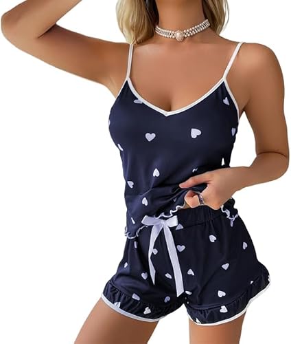 HOTSO Pyjama Femme 2 Pièces, Tenues D'Été Style Y2K, Débardeur sans Manches Et Short, Ensemble en Soie Glacée Satinée, Vêtement De Nuit Doux, Nuisette Décontractée, Tenue D'Intérieur Sexy pour Femme