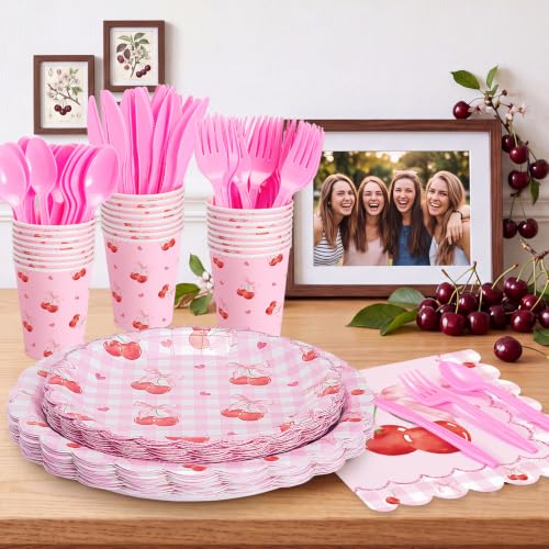 Hayfige 168 Pcs Cherry Birthday Decorations Set, Disposable Pink Bows Cherry Paper Plates and Napkins Cups Tableware for Cherries Fruit Themed Baby Shower Party Supplies Table Decoration, Serves 24 - image 5