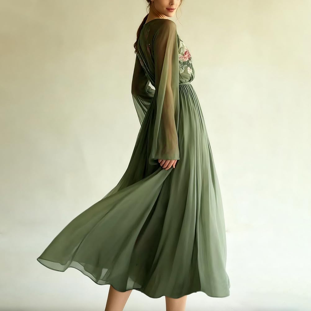 Minetom Femme Robe De Soirée Chic Longue Col V À Fleur Mousseline Manches Longue Maxi Dress Plage D'Été Cocktail Mariage Robe De Demoiselle d'honneur