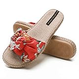 CORIFEI Linen Slippers for Women with Bow, Comfy Indoor House Shoes, Open Toe Slides with Arch Support for Summer