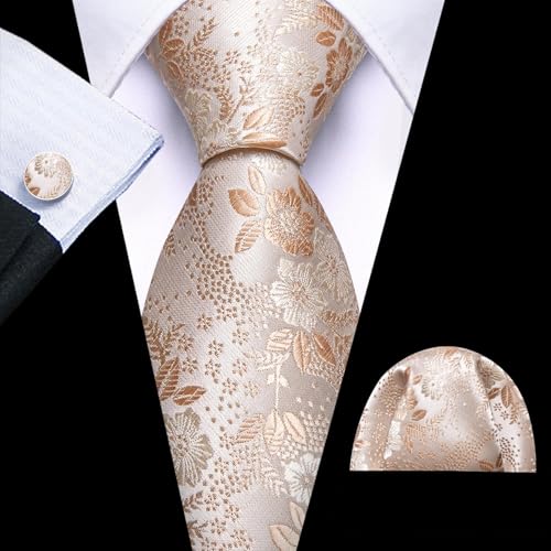 Image of Barry.Wang Flower Ties for Men Silk Woven Floral Tie Sets Necktie Handkerchief Cufflinks Wedding Party