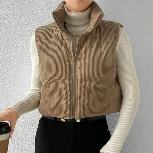 Women's Zip Up Corduroy Puffer Vest Sleeveless Cropped Vest Stand Collar Cropped Jackets Gilet4