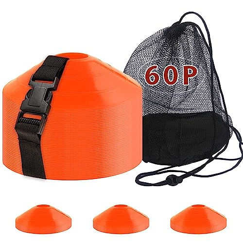 60PCS Soccer Cones with Strap Carry Bag Agility Disk Cones Soccer Training Cones,Field Marker Sport Training Cones for Challenge