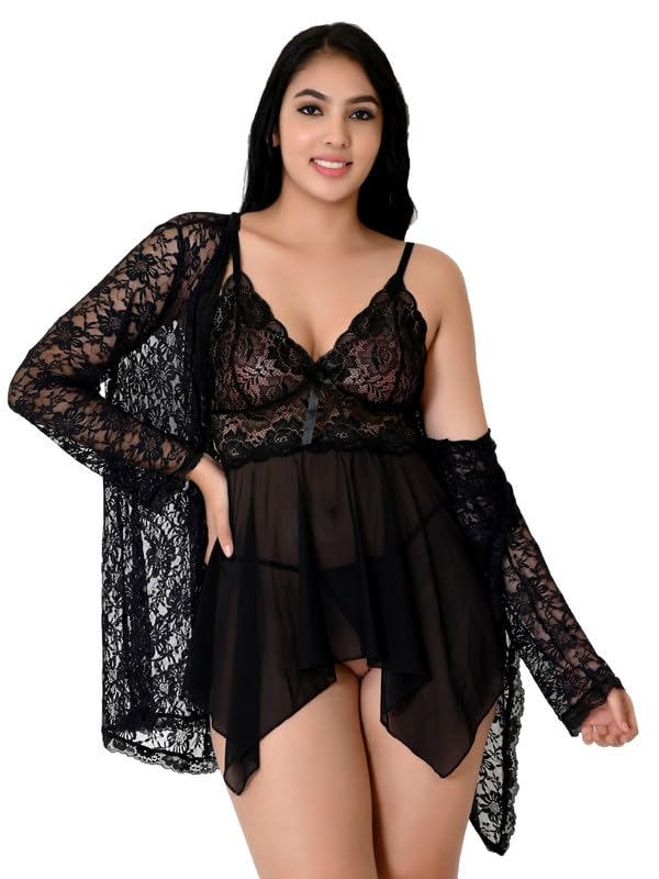 Image of Net Lace Spandex Women Babydoll Nightgown Honeymoon Lingerie Nighty