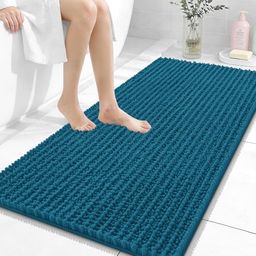 Image of OLANLY Long Bathroom Rugs Runner 47x24, Thick Soft and Absorbent Chenille Bath Mat, Non-Slip, Machine Washable Quick Dry Bath Rugs for Tub Shower Floor, Home Decor Accessories, Peacock Blue
