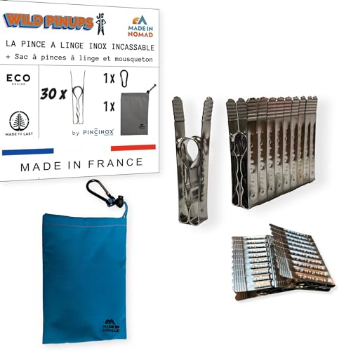 Wild Pinups: 30 Pinces à Linge INOX Incassables Pincinox avec Panier Pince à Linge et Mousqueton. pour Buanderie, Fil à Linge, séchoir à Linge. l'Epingle a Linge Solide, Durable à Vie, Made in France
