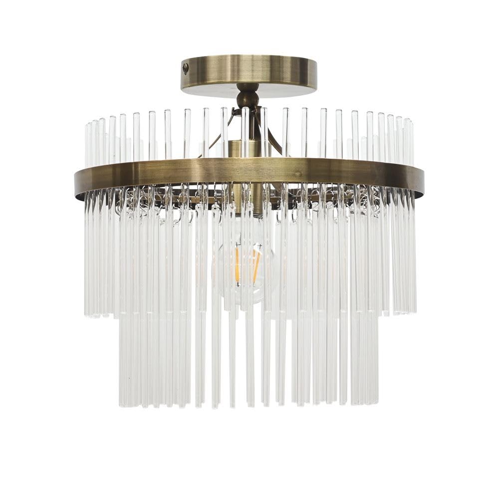 First Choice Lighting Georgia Flush Ceiling Light - Antique Brass - Glass Rods - Bronze