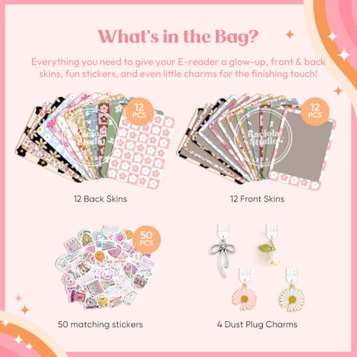 Image of KACIOLA STUDIO 24PCS Simple Flower Skin Set for E-Reader, and 4PCS Type C Charms /50PCS Scrapbook Stickers for Clear Case, 6.9 inchx4.8 inch E-Reader Skin Front and Back Decal for Paper White 11th
