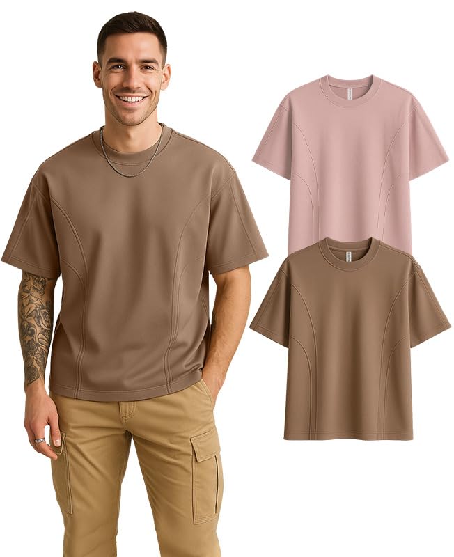 Image of Sleepynuts Men 220 GSM 100% Pure Cotton Oversized Baggy Fit Drop Shoulder Round Neck T-Shirt Pack of 2 (Toffee Brown, Vintage Pink-S)