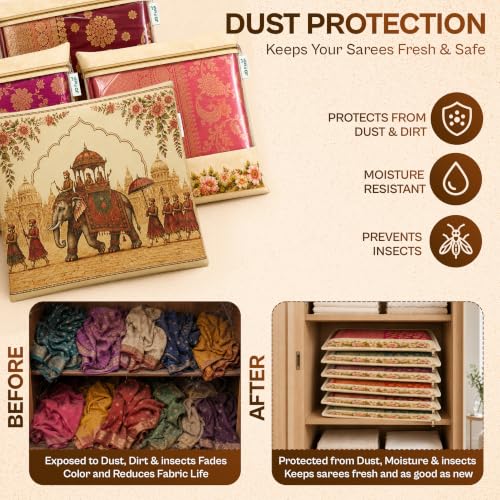 Image of JD FRESH 24 Pcs Large Non-Woven Saree Covers for Storage /Royal Elephant Design Saree Bags with Zip /Multi-Purpose Lehenga Storage Bag & Wardrobe Organizer /Clothes Cover for Dresses & Sarees(14x16 Inch)