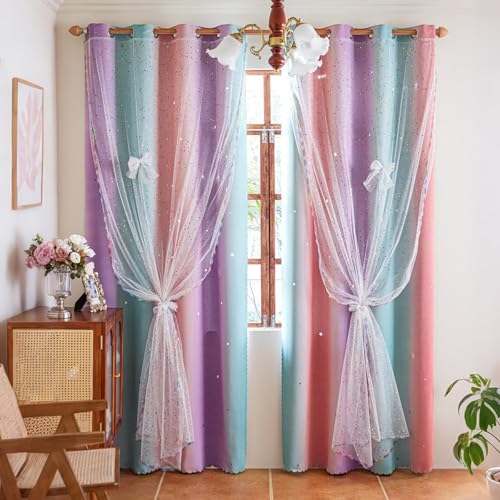Image of 52x95 Mix & Match Double Layer Laser-Cut Stars Gradient Blackout Curtains with Foil Print Sheer, 2 Panels Set - Purple Green Pink