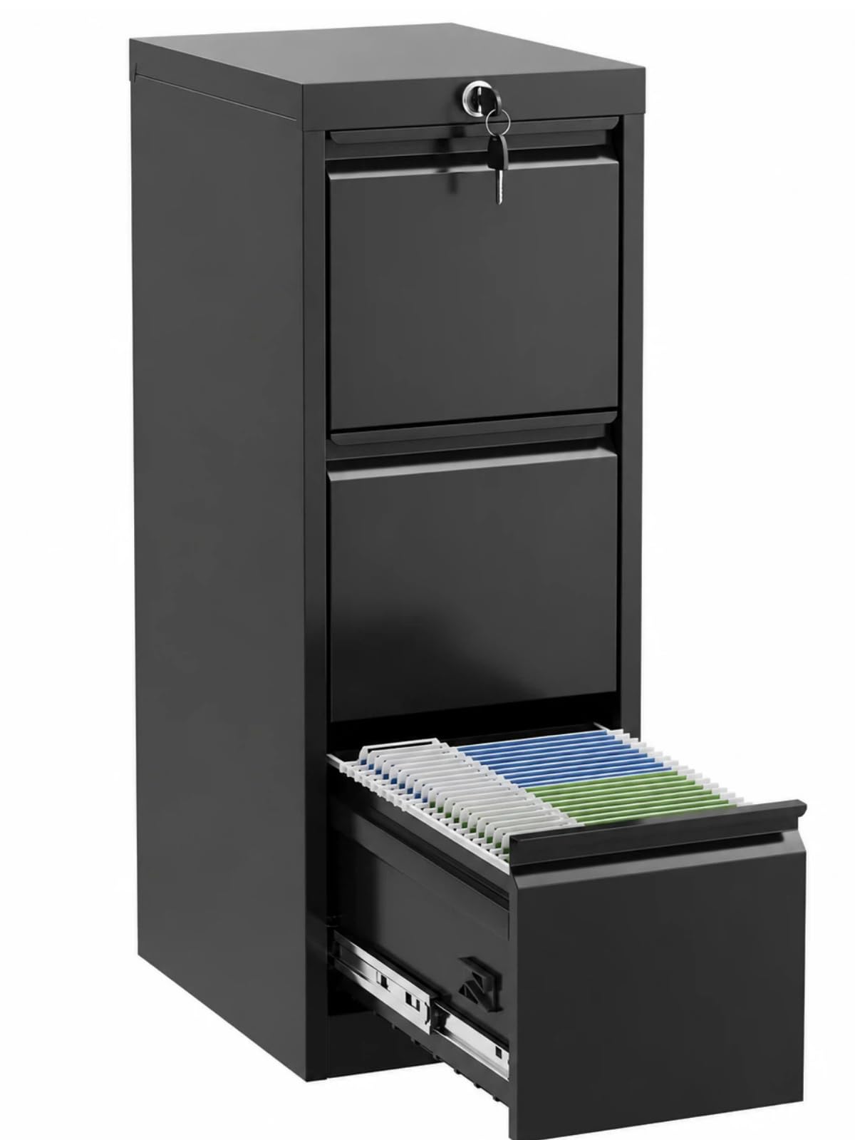 Metall-Hängeregisterschrank mit 3 Schubladen, abschließbar, Anti-Kipp-Interlock, für Letter Legal A4 F4 Dokumente, 103 cm hoch, für Homeoffice Büro Wohnheim, Schwarz