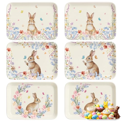 Singhoow 6 Pcs Easter Serving Trays 13 x 10 Inch Watercolor Bunny Reusable Platters Rabbit Flowers Rectangular Dishes for Serving Food Candy Cookies Desserts Spring Happy Easter Party Supplies