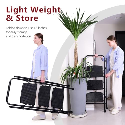 Image of 4 Step Ladder with Handrails,Folding 4 Step Stool with Handrails, Sturdy Steel Ladder with Wide Pedal, 500lbs Capacity Step Ladder for Household, Kitchen,Office, Black