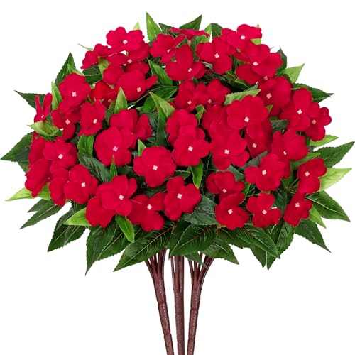 KHOYIME Artificial Flowers for Outdoors, 3PCS Red Fake Impatiens Flower Bouquet Faux Silk Floral Stems Plants Bulk UV Resistant Indoor Decorations for Table Centerpieces Home Garde image 5