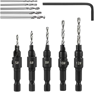Saipor 5pcs Wood Countersink Drill Bit Set Hex Shank Quick Change Counter Sinker Pre Hole Drill Bit Set Screw Counterbore Bit Pilot Bit Set #5, 6, 8, 10, 12 for Woodworking and Carpentry