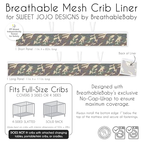 Image of Sweet Jojo Designs + BreathableBaby 2-Piece Breathable Mesh Crib Liner Set (Woodland Camo) for Boys, Baby, Infants /Newborn Nursery (Rustic, Forest, Army Military, Camouflage Print, Beige, Green /Black)