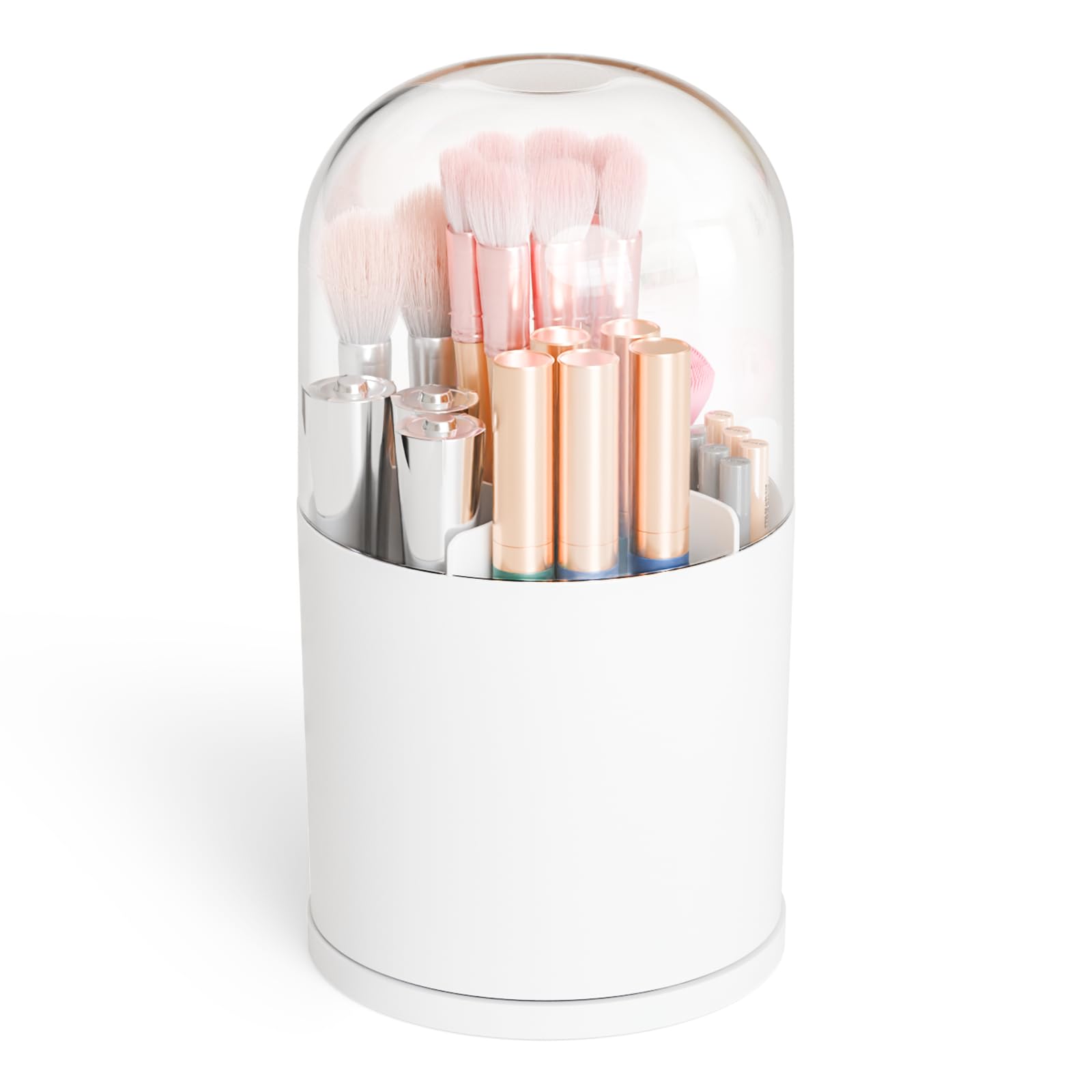 Yieach Rotating Acrylic Makeup Brush Holder with Lid for Vanity,Bathroom,Countertop,Covered Makeup Brushes Organizer,Round Spinning Cosmetic Brushes