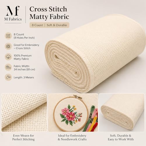 Image of M Fabrics 3 Meters Cream Aida Matty Fabric 8 Count 34 Inch Width | Cotton Cross Stitch Embroidery Cloth Soft Needlework Fabric for Cushion Covers Table Covers Craft Sewing - 3 Meters Cream