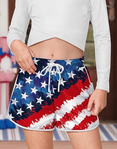Image of BesserBay Girls 4th of July Elastic Waist Beach Swim Shorts American Flag Trunks with Pockets 5-14 Years