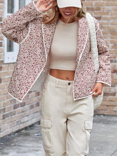 Tankaneo Womens Puffer Quilted Jacket Lightweight Floral Print Button Down Long Sleeve Patchwork Outwear Coats2