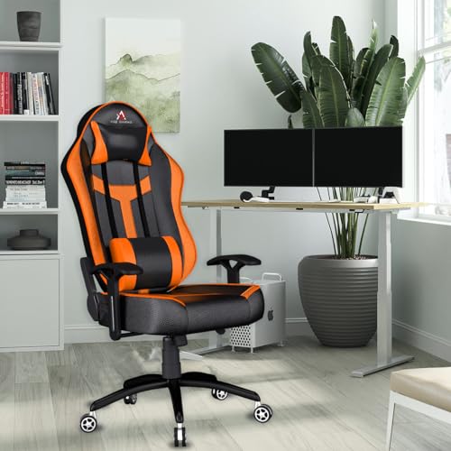 Image of ASE GAMING Ranger Series Ergonomic Gaming Chair Premium PU Leather, Adjustable Neck & Lumbar Pillow, 180 Degree Recline with Black Metal Base (Orange)