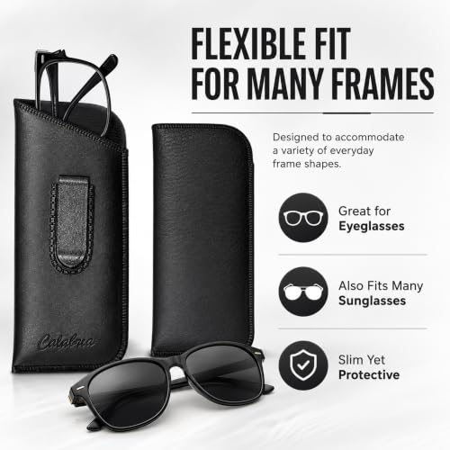 Image of Calabria Slip-In Eye Glasses Case w /Plastic Pocket Clip Faux Leather Felt Black Men Women Eyeglass Pouch Sunglasses Holder - 12PACK