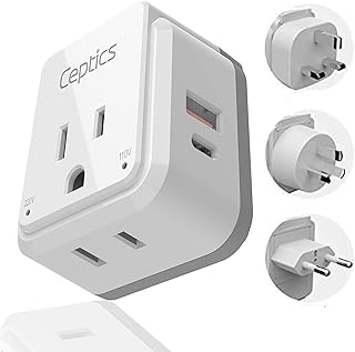 Ceptics China, Malaysia Power Adapter Travel Set, 20W PD & QC, Safe Dual USB & USB-C 3.1A–2 USA Outlet - Compact-Use in Hong Kong, Kuwait, Singapore, Iraq - Includes Type G, I, C SWadAPt Attachments