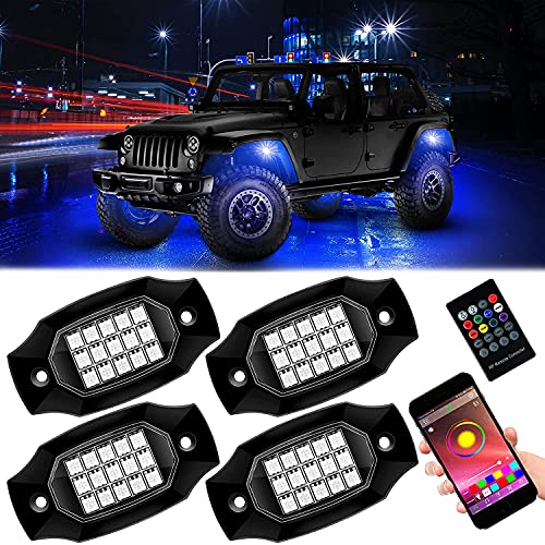 SINOSPARK Car Underglow Rock Lights RGBW Neon Accent Lights Kit APP RF Remote Control Music Sync Waterproof Offroad Under Car LED Lights Car LED Wheel Lights for Truck Jeep 4 Pods