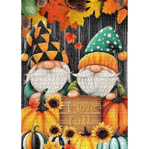 Gnome Puzzles for Adults 1000 Pieces, Fall Puzzle Funny Gnome Pumpkin Nature Plant, Sunflo...