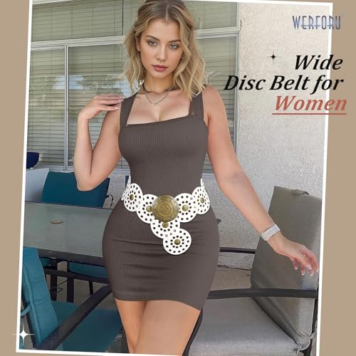 Image of WERFORU Women Wide Western Disc Belt Cowgirl Boho Leather Belt for Jeans Dress